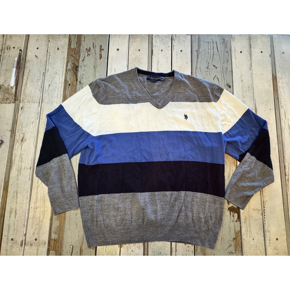 US Polo Assn Mens Striped Blue White Gray Long Sleeve V Neck‎ Sweater Size XXL